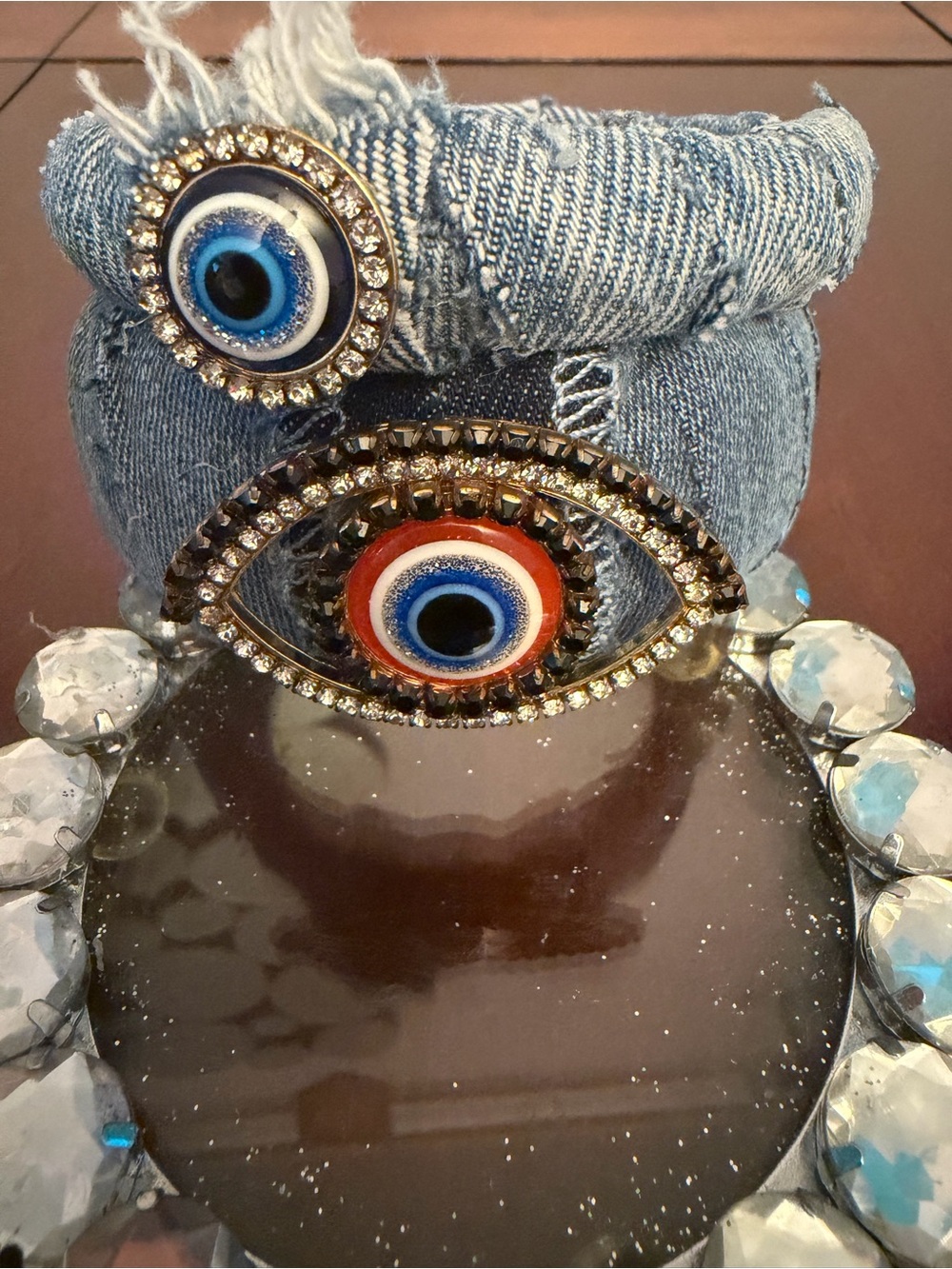 Handmade one of a kind Evil Eye Denim Bracelet with Blue and Red Accent